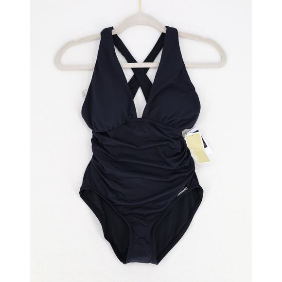 Michael Kors Women Solid Black Convertible Ruched One-Piece Swimsuit Size US 4 - Picture 3 of 6
